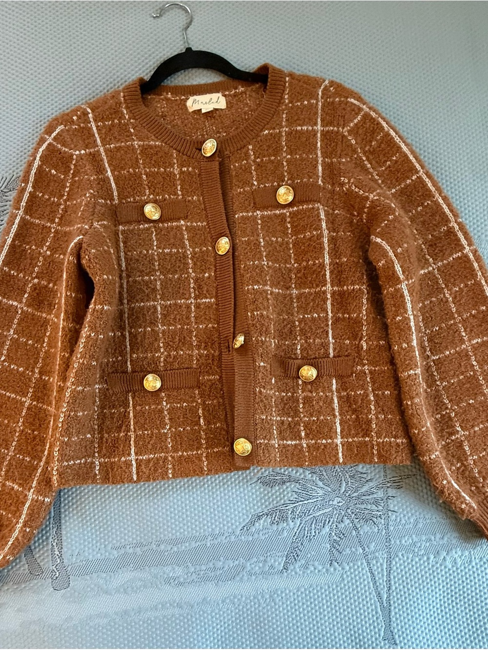 Madewell Rust Brown Windowpane Knit Blazer with Gold Buttons